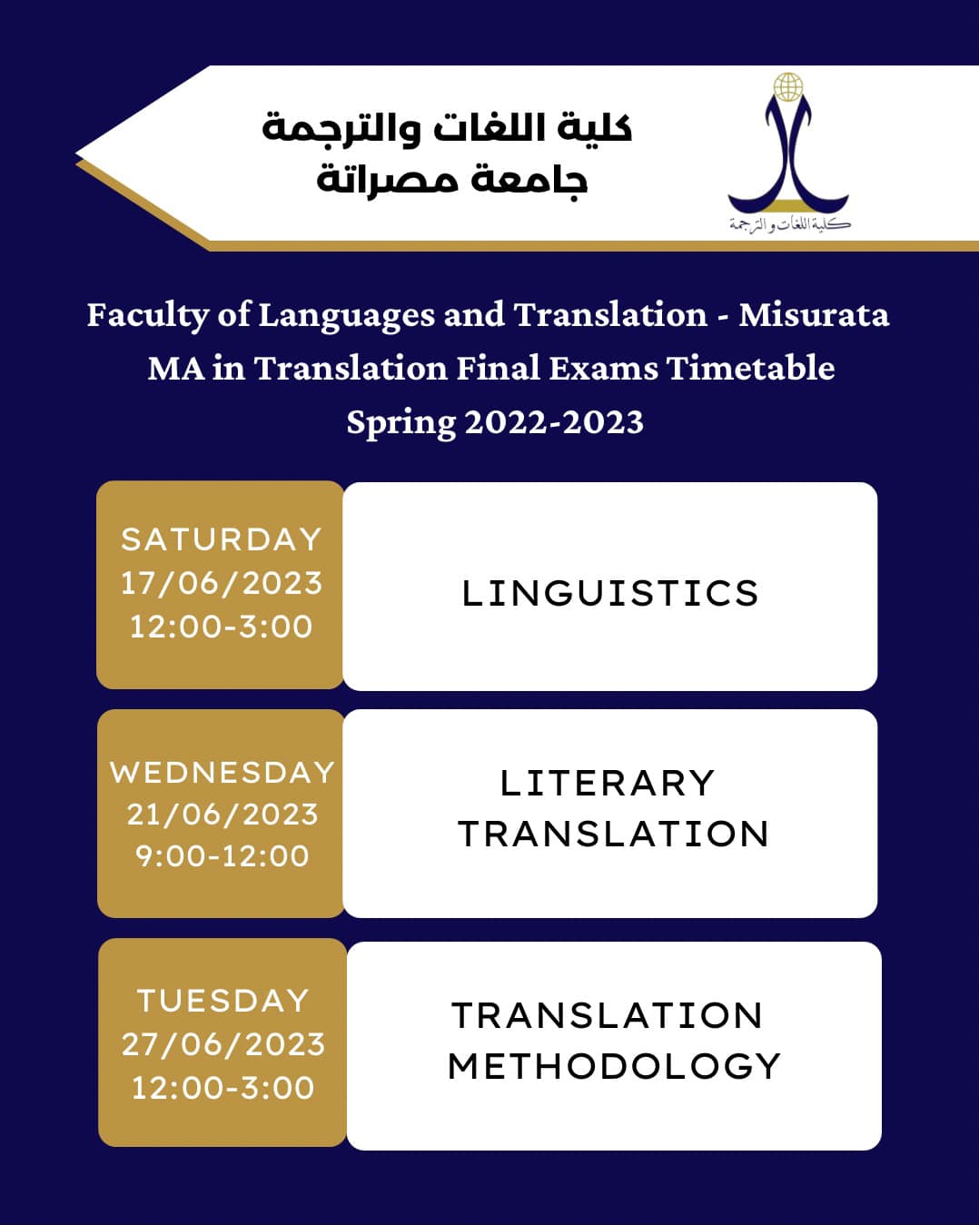 ستجرى الامتحانات النهائية للدراسات العليا الماجستير في تخصص الترجمة
